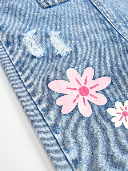 Baby Girls' Denim Overalls,Light Blue Floral Cute School Autumn Casual Personalized Loose Fit Adjustable Bib Pants,Soft Comfortable Cotton Fabric