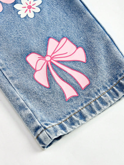Baby Girls' Denim Overalls,Light Blue Floral Cute School Autumn Casual Personalized Loose Fit Adjustable Bib Pants,Soft Comfortable Cotton Fabric