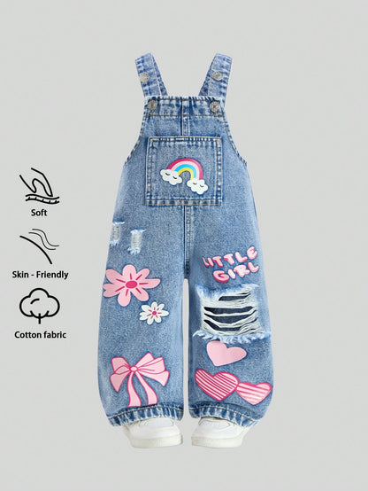 Baby Girls' Denim Overalls,Light Blue Floral Cute School Autumn Casual Personalized Loose Fit Adjustable Bib Pants,Soft Comfortable Cotton Fabric