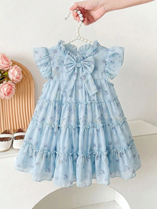 Baby Girls' Light Blue Floral Summer Cute Party Dress Fashionable Casual Bow Decor Cake Dress Suitable For Spring Autumn Vacation Festivals Daily Wear