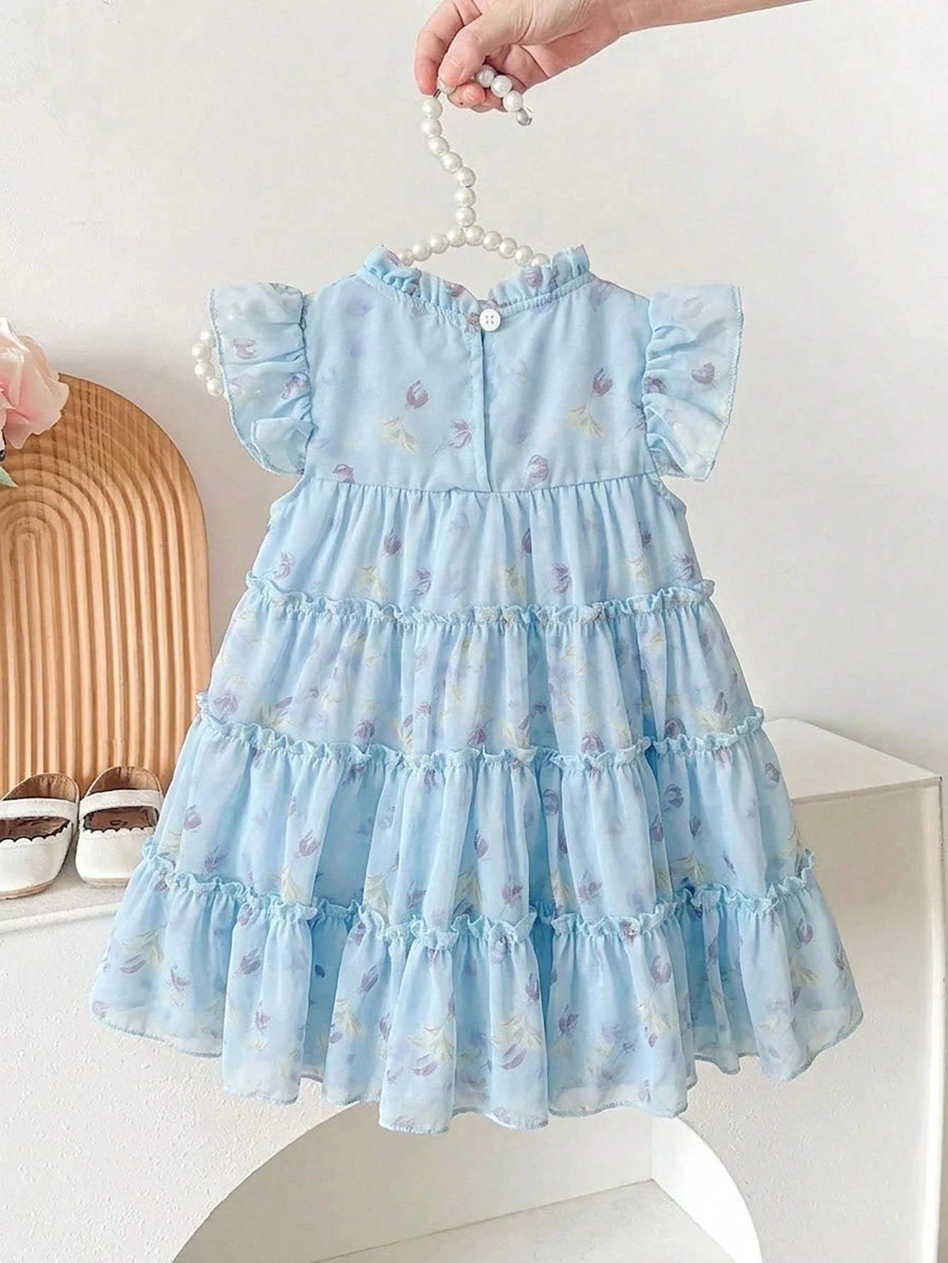 Baby Girls' Light Blue Floral Summer Cute Party Dress Fashionable Casual Bow Decor Cake Dress Suitable For Spring Autumn Vacation Festivals Daily Wear