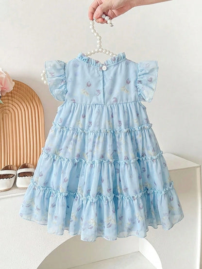 Baby Girls' Light Blue Floral Summer Cute Party Dress Fashionable Casual Bow Decor Cake Dress Suitable For Spring Autumn Vacation Festivals Daily Wear