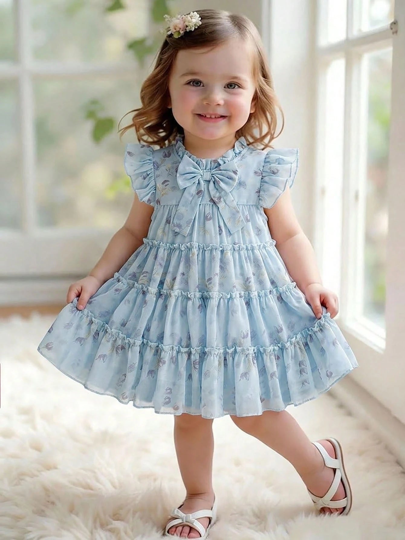 Baby Girls' Light Blue Floral Summer Cute Party Dress Fashionable Casual Bow Decor Cake Dress Suitable For Spring Autumn Vacation Festivals Daily Wear