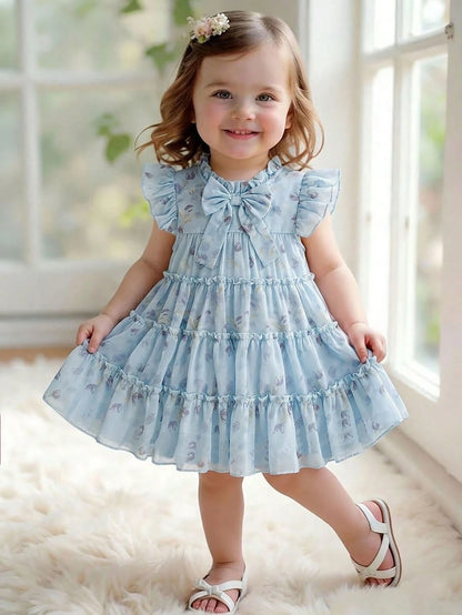 Baby Girls' Light Blue Floral Summer Cute Party Dress Fashionable Casual Bow Decor Cake Dress Suitable For Spring Autumn Vacation Festivals Daily Wear