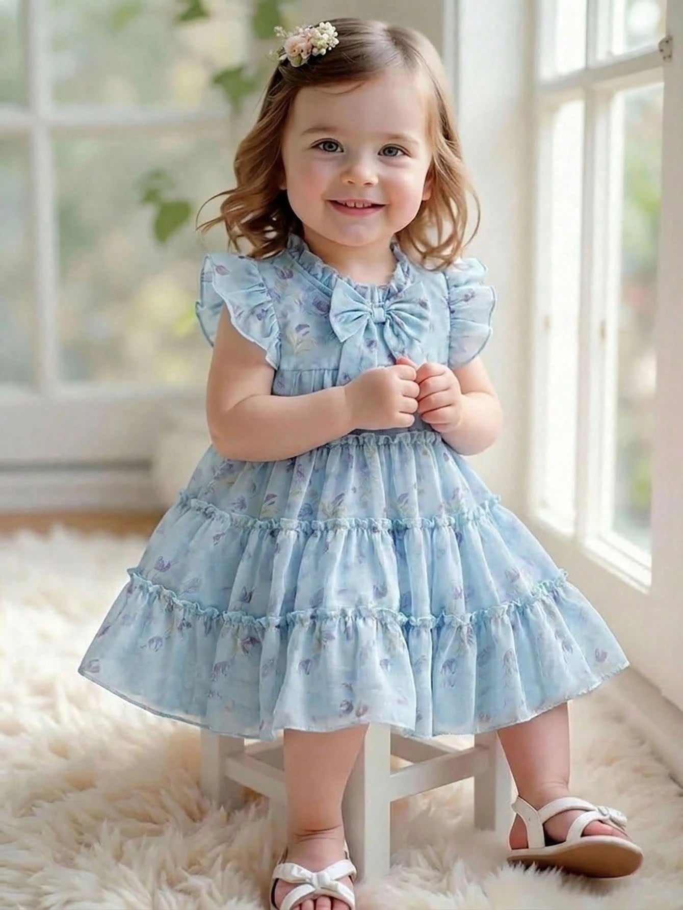 Baby Girls' Light Blue Floral Summer Cute Party Dress Fashionable Casual Bow Decor Cake Dress Suitable For Spring Autumn Vacation Festivals Daily Wear