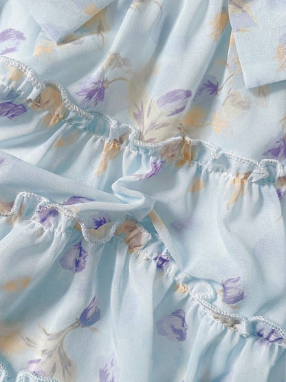 Baby Girls' Light Blue Floral Summer Cute Party Dress Fashionable Casual Bow Decor Cake Dress Suitable For Spring Autumn Vacation Festivals Daily Wear