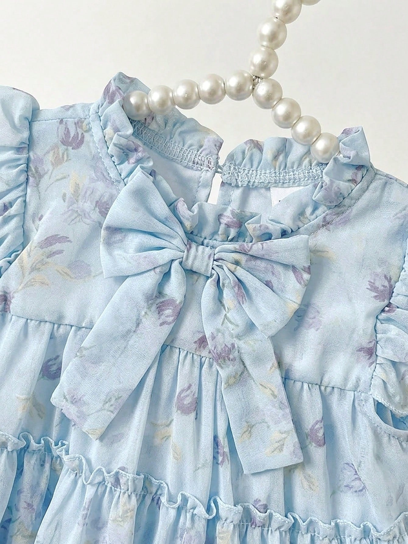 Baby Girls' Light Blue Floral Summer Cute Party Dress Fashionable Casual Bow Decor Cake Dress Suitable For Spring Autumn Vacation Festivals Daily Wear