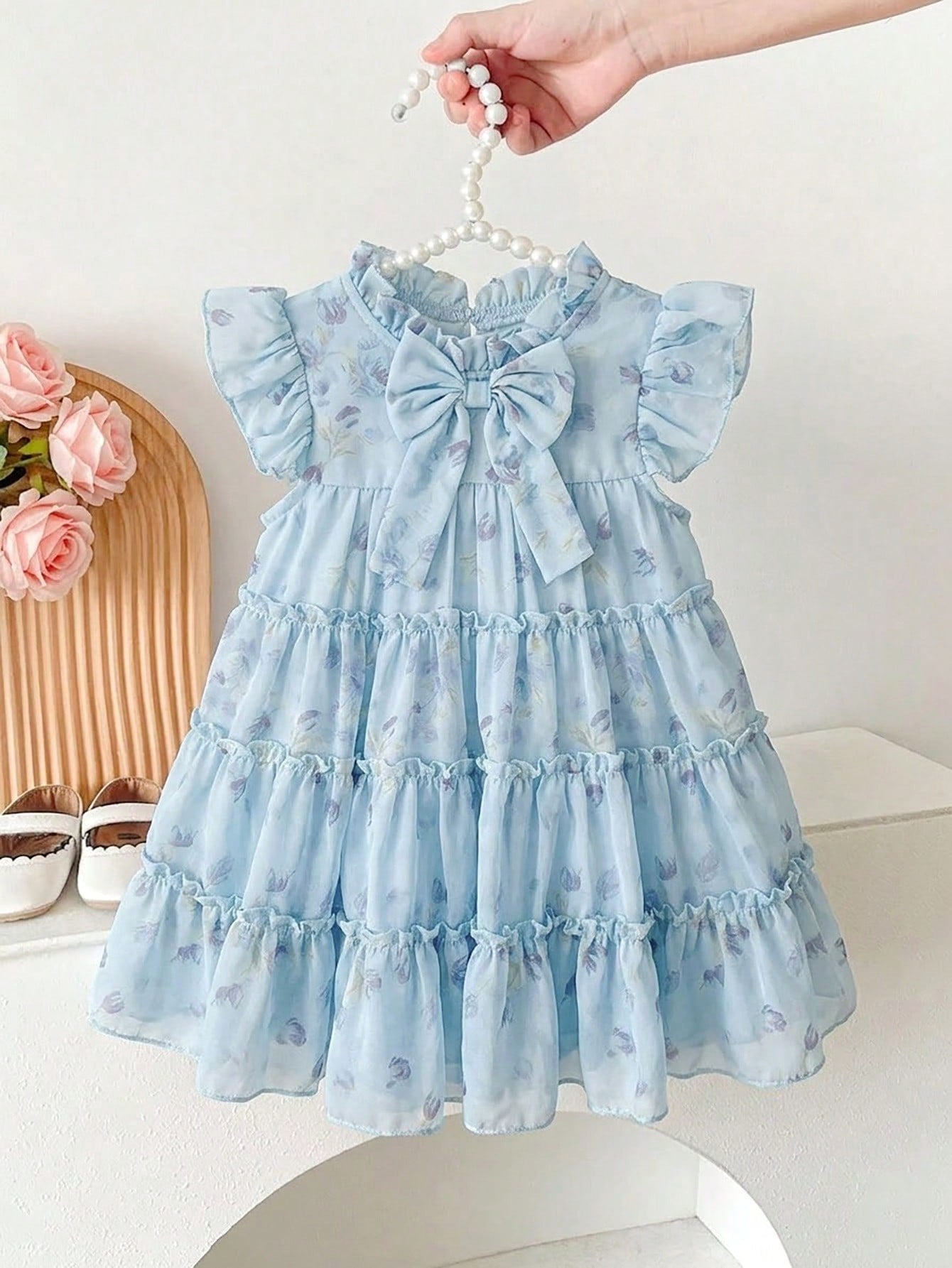 Baby Girls' Light Blue Floral Summer Cute Party Dress Fashionable Casual Bow Decor Cake Dress Suitable For Spring Autumn Vacation Festivals Daily Wear