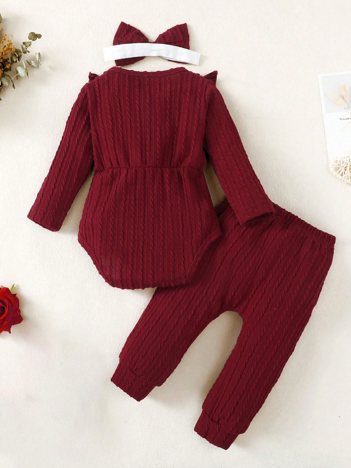 Baby Girls' Spring/Autumn Casual Bodysuit With Bow Decoration, Ruffle Trim, Long Pants And Headband 3pcs/Set