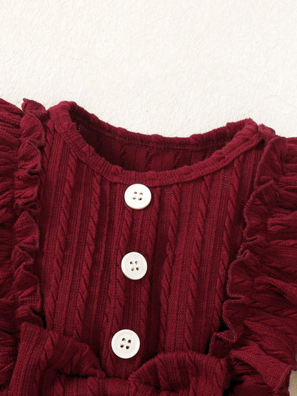 Baby Girls' Spring/Autumn Casual Bodysuit With Bow Decoration, Ruffle Trim, Long Pants And Headband 3pcs/Set