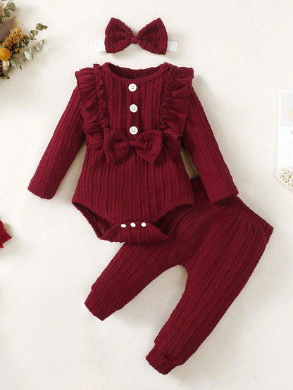 Baby Girls' Spring/Autumn Casual Bodysuit With Bow Decoration, Ruffle Trim, Long Pants And Headband 3pcs/Set