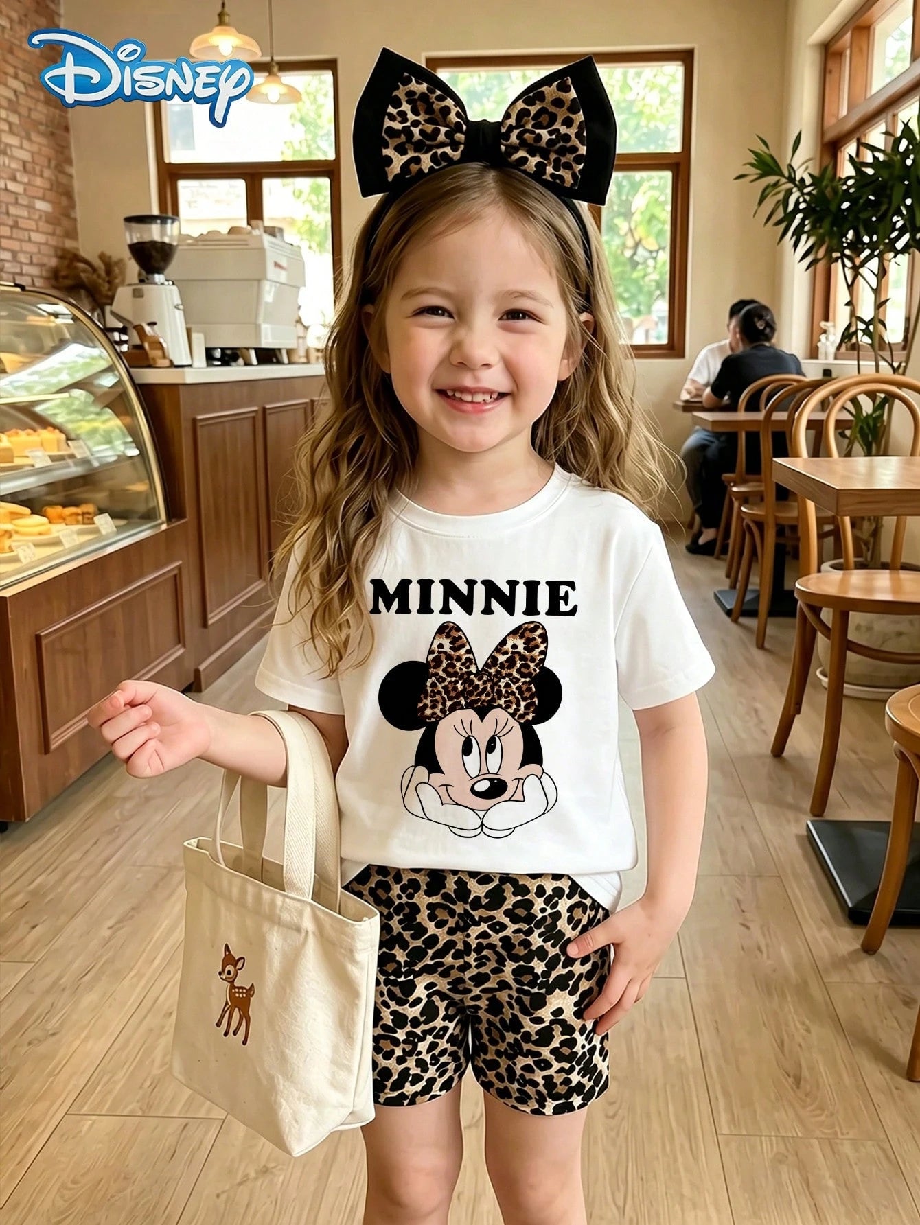 Baby Girls T-Shirt Set, Summer Disney Sweet Cool Spicy Style, Fitted Round Neck White Leopard Print Bow Face-Framing Minnie Mouse Graphic Short Sleeve T-Shirt + Matching Leopard Print Shorts 2pcs Set