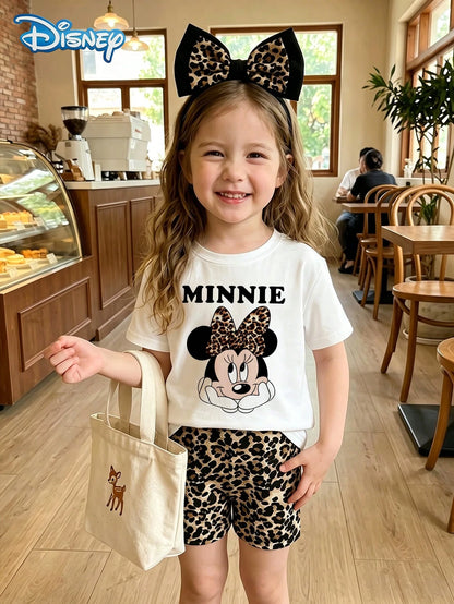 Baby Girls T-Shirt Set, Summer Disney Sweet Cool Spicy Style, Fitted Round Neck White Leopard Print Bow Face-Framing Minnie Mouse Graphic Short Sleeve T-Shirt + Matching Leopard Print Shorts 2pcs Set