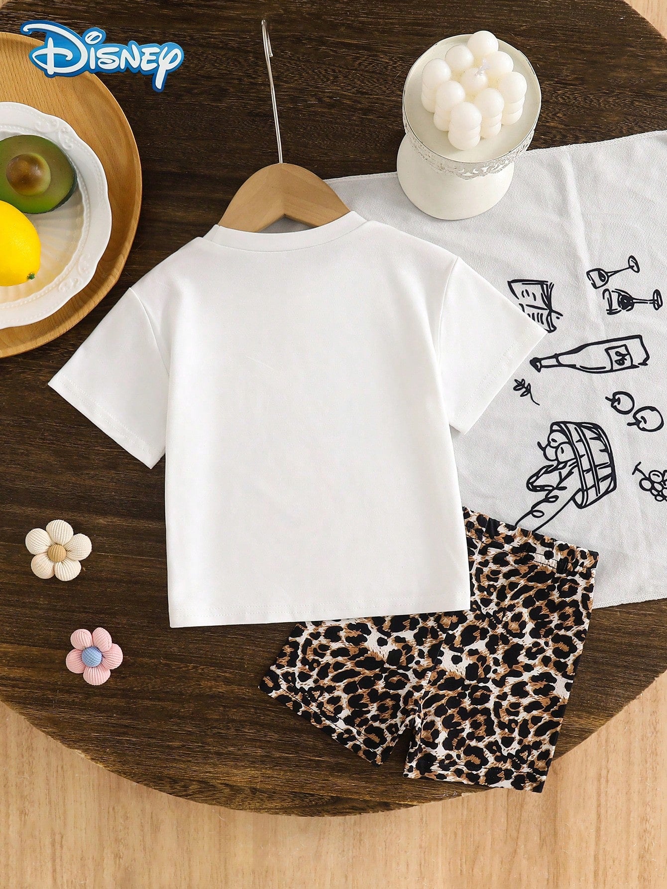 Baby Girls T-Shirt Set, Summer Disney Sweet Cool Spicy Style, Fitted Round Neck White Leopard Print Bow Face-Framing Minnie Mouse Graphic Short Sleeve T-Shirt + Matching Leopard Print Shorts 2pcs Set