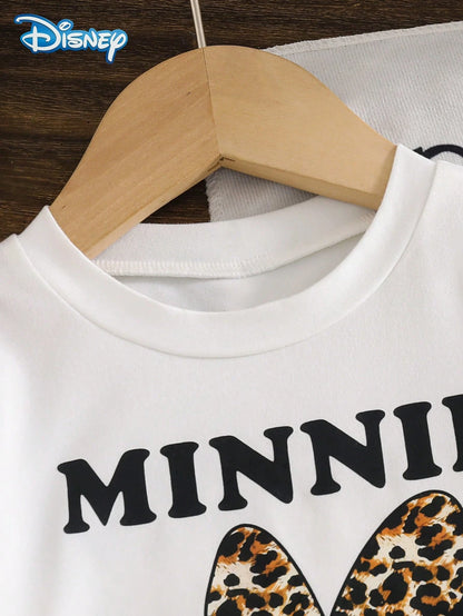 Baby Girls T-Shirt Set, Summer Disney Sweet Cool Spicy Style, Fitted Round Neck White Leopard Print Bow Face-Framing Minnie Mouse Graphic Short Sleeve T-Shirt + Matching Leopard Print Shorts 2pcs Set