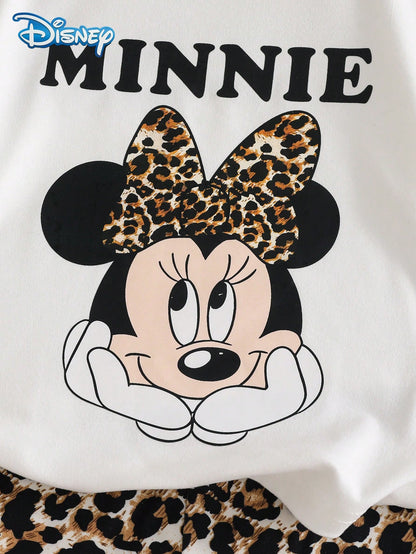 Baby Girls T-Shirt Set, Summer Disney Sweet Cool Spicy Style, Fitted Round Neck White Leopard Print Bow Face-Framing Minnie Mouse Graphic Short Sleeve T-Shirt + Matching Leopard Print Shorts 2pcs Set
