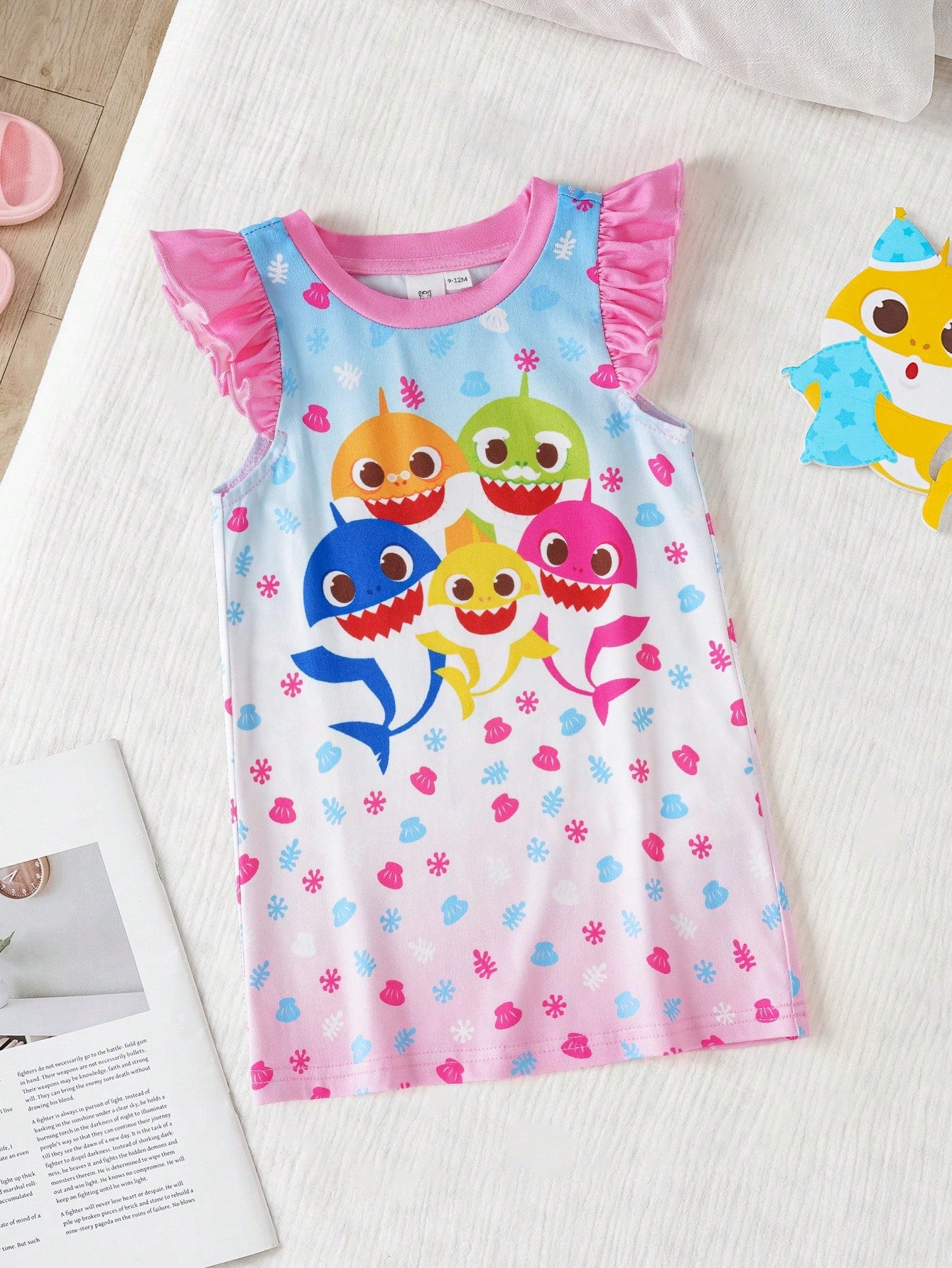 BABY SHARK X Baby Girl Cartoon Print Ombre Flutter Sleeve Nightgown