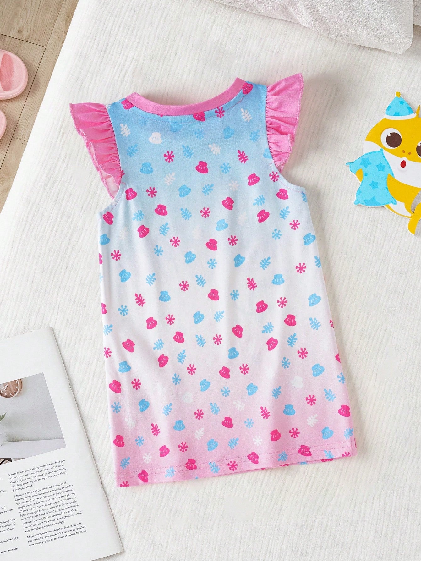 BABY SHARK X Baby Girl Cartoon Print Ombre Flutter Sleeve Nightgown