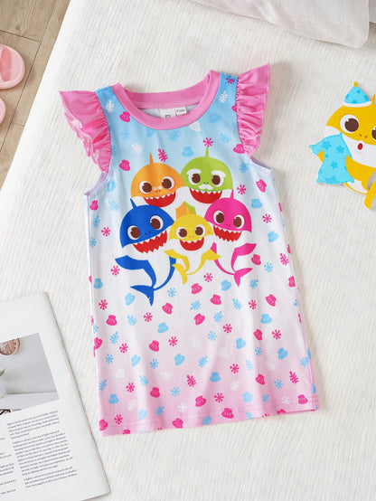 BABY SHARK X Baby Girl Cartoon Print Ombre Flutter Sleeve Nightgown