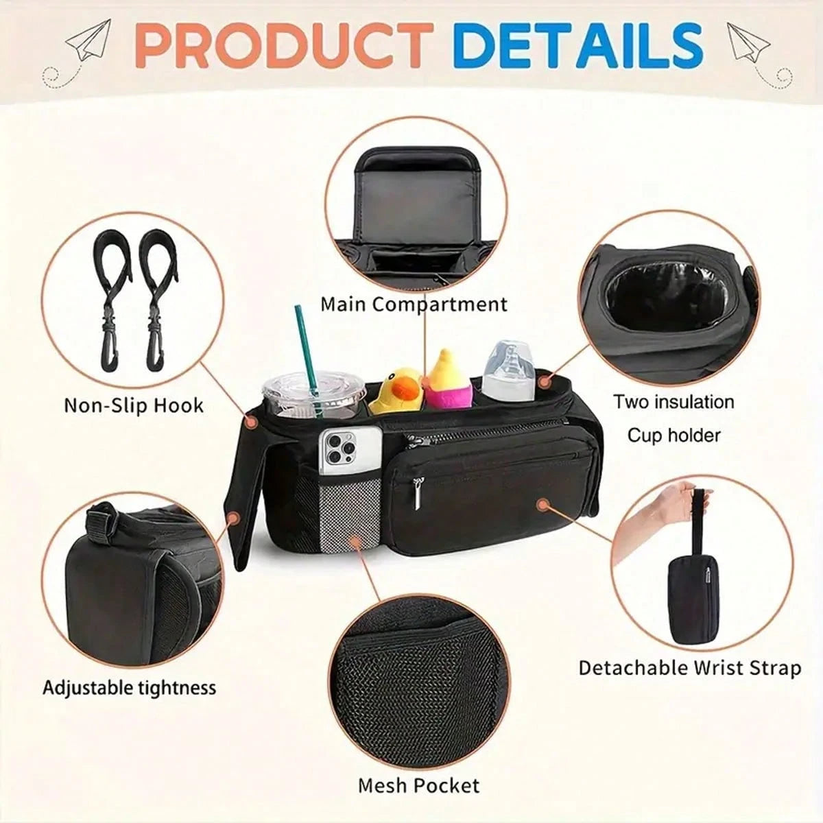 Baby Stroller Manager With Non-Slip Strap And Insulated Cup Holder, Mobile Phone Baby Stroller Bag, Suitable For Baby, Baby Jogger, Britax, BOB, Umbrella And Pet Strollers And Other Baby Strollers