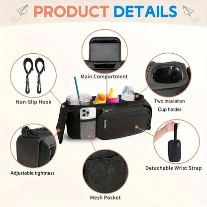 Baby Stroller Manager With Non-Slip Strap And Insulated Cup Holder, Mobile Phone Baby Stroller Bag, Suitable For Baby, Baby Jogger, Britax, BOB, Umbrella And Pet Strollers And Other Baby Strollers