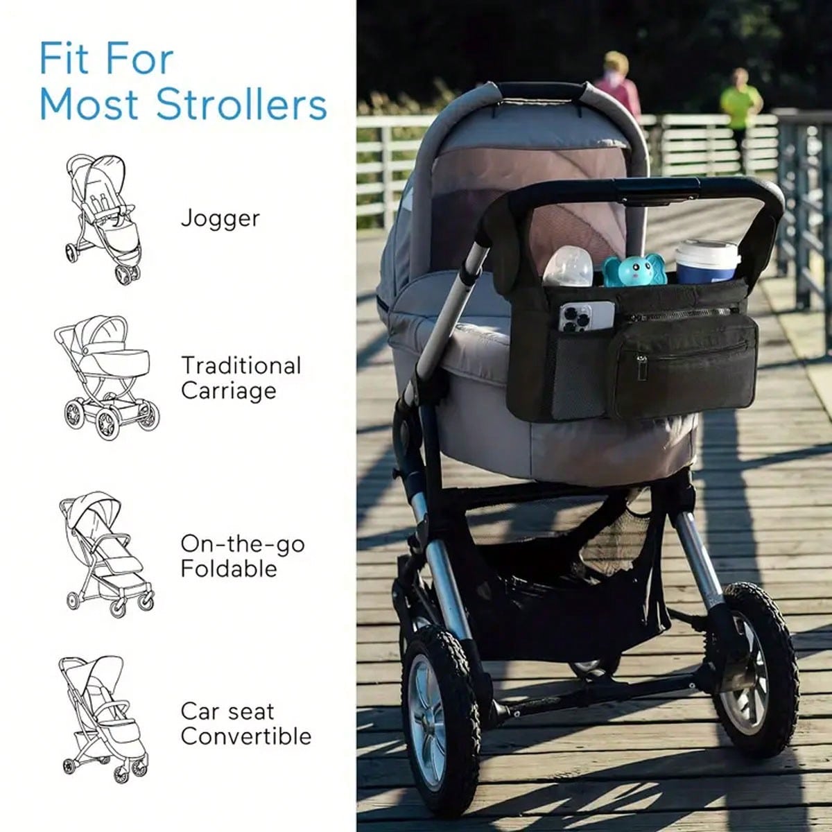 Baby Stroller Manager With Non-Slip Strap And Insulated Cup Holder, Mobile Phone Baby Stroller Bag, Suitable For Baby, Baby Jogger, Britax, BOB, Umbrella And Pet Strollers And Other Baby Strollers