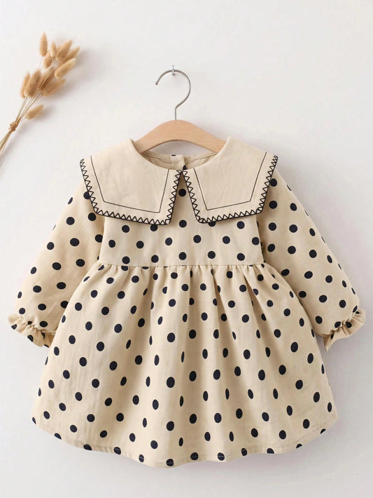 Babygirl Cute Academy Style Polka Dot Apricot Peter Pan Collar Long Sleeve Doll Dress