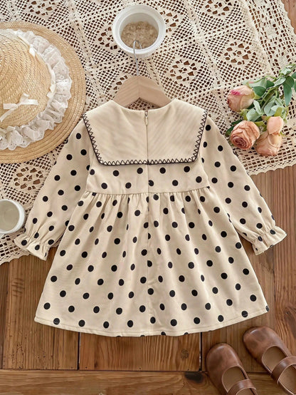 Babygirl Cute Academy Style Polka Dot Apricot Peter Pan Collar Long Sleeve Doll Dress