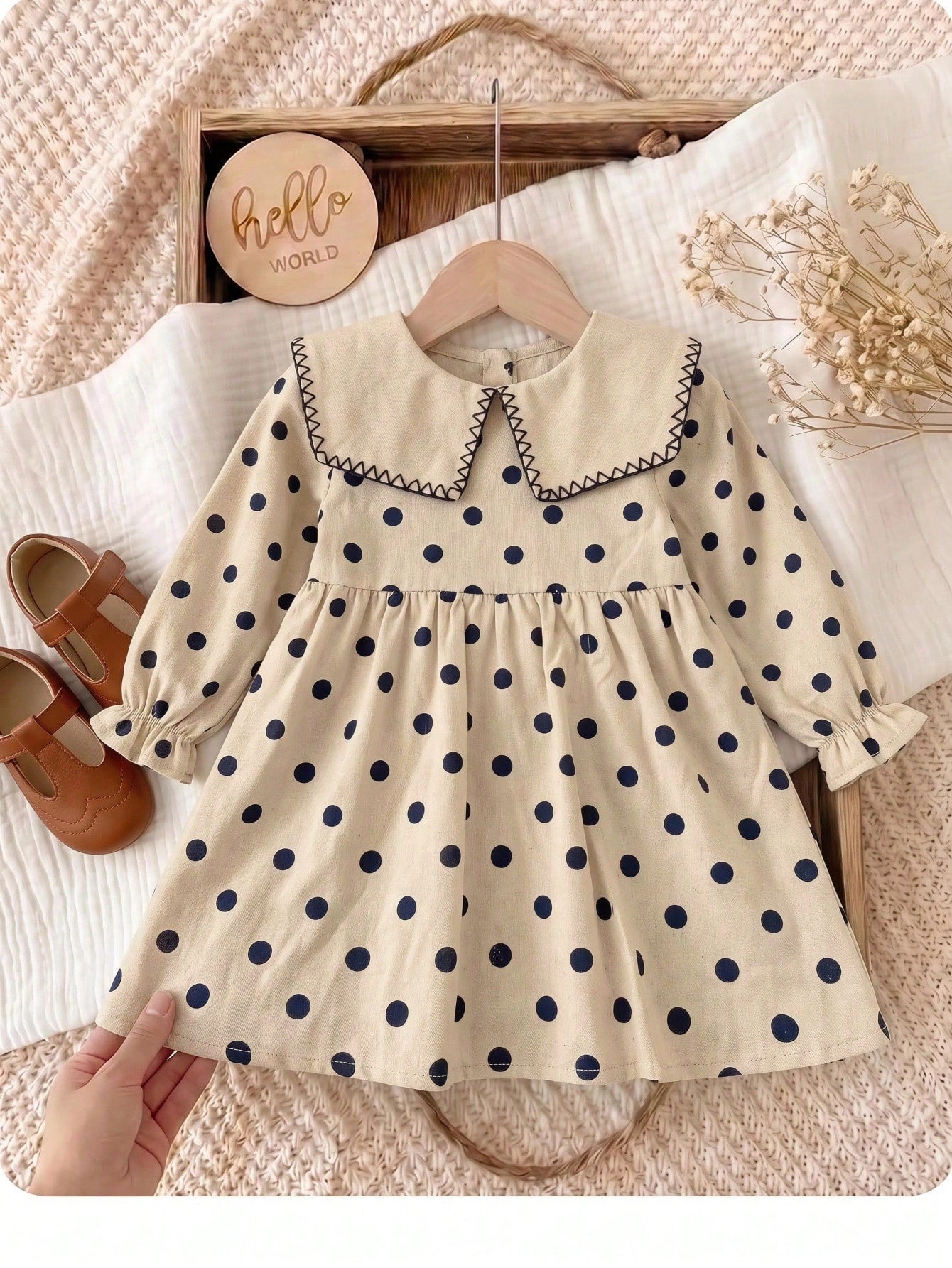 Babygirl Cute Academy Style Polka Dot Apricot Peter Pan Collar Long Sleeve Doll Dress