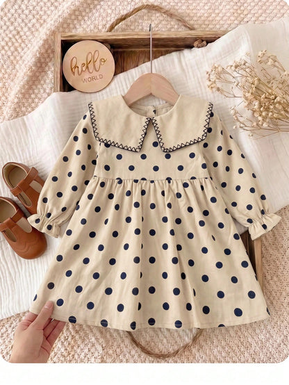 Babygirl Cute Academy Style Polka Dot Apricot Peter Pan Collar Long Sleeve Doll Dress