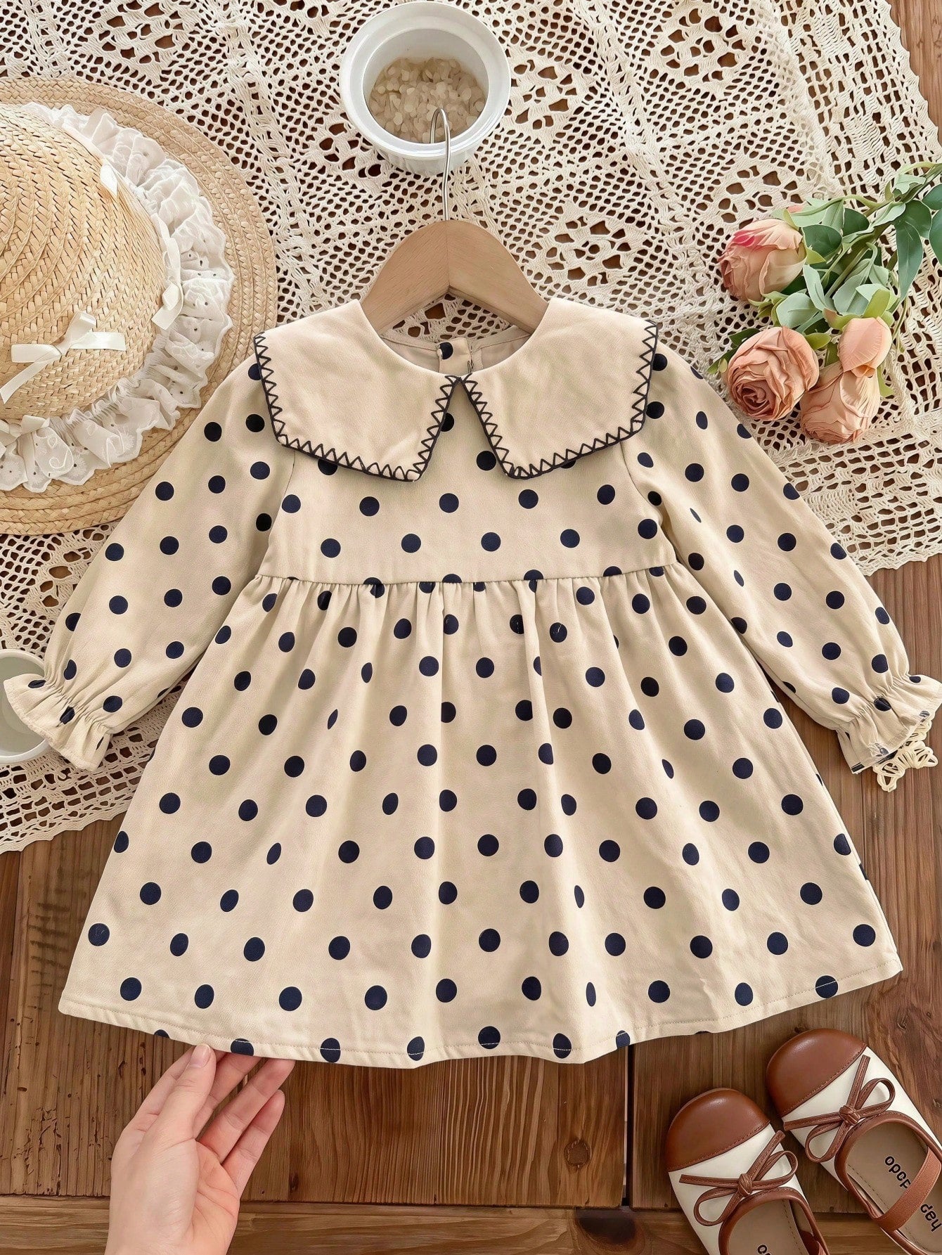 Babygirl Cute Academy Style Polka Dot Apricot Peter Pan Collar Long Sleeve Doll Dress