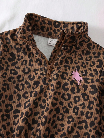 Babygirl Cute Casual Leopard Print Long Sleeve Stand Collar Sweatshirt And Elastic Waist Long Autumn Winter Pants Set