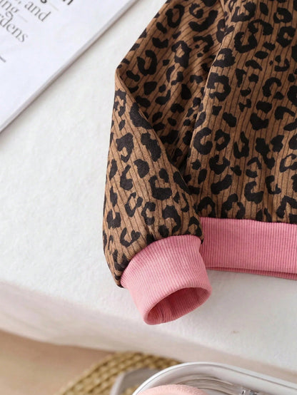 Babygirl Cute Casual Leopard Print Long Sleeve Stand Collar Sweatshirt And Elastic Waist Long Autumn Winter Pants Set