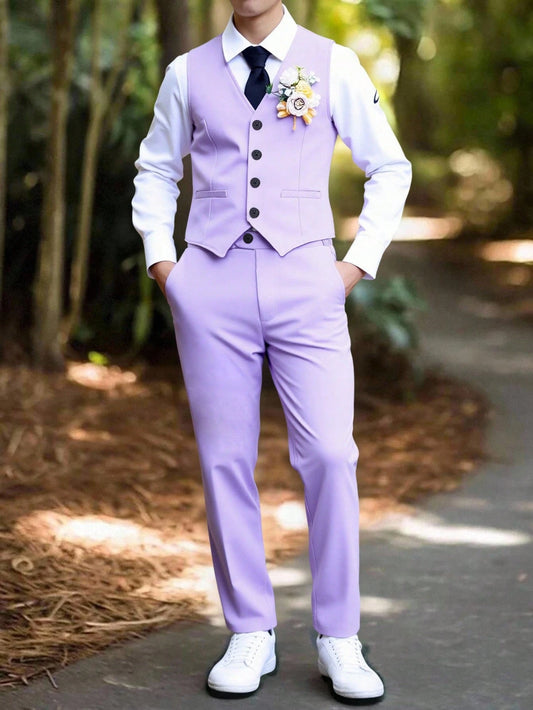 Back To School Tween Boys 2-Piece Elegant Formal Suit Lavender Blue White Slim Fit Asymmetric Vest Straight Pants For Wedding Business Summer Purple