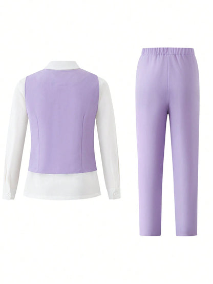 Back To School Tween Boys 2-Piece Elegant Formal Suit Lavender Blue White Slim Fit Asymmetric Vest Straight Pants For Wedding Business Summer Purple