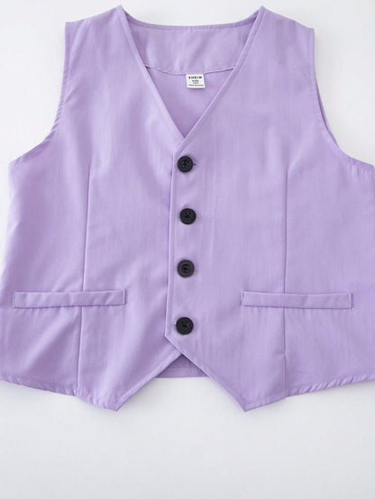 Back To School Tween Boys 2-Piece Elegant Formal Suit Lavender Blue White Slim Fit Asymmetric Vest Straight Pants For Wedding Business Summer Purple