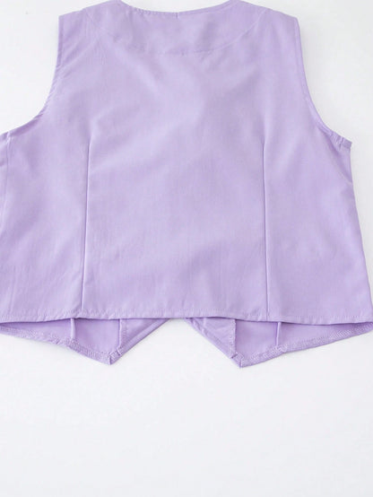 Back To School Tween Boys 2-Piece Elegant Formal Suit Lavender Blue White Slim Fit Asymmetric Vest Straight Pants For Wedding Business Summer Purple