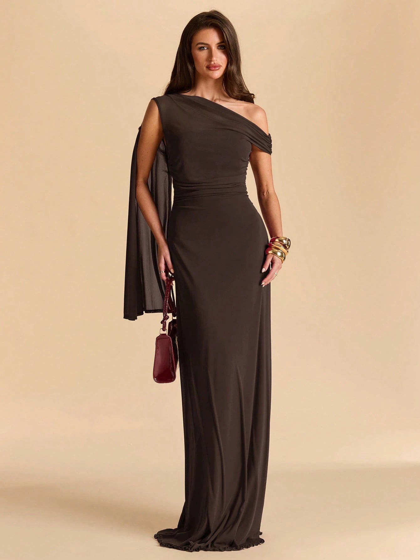 BAE Asymmetric Ruched Neck Bodycon Mermaid Dress In Dark Brown, Mesh For Vacation Beach Formal Dinner Date Dinner Date, Spring/Summer, Women Elegant