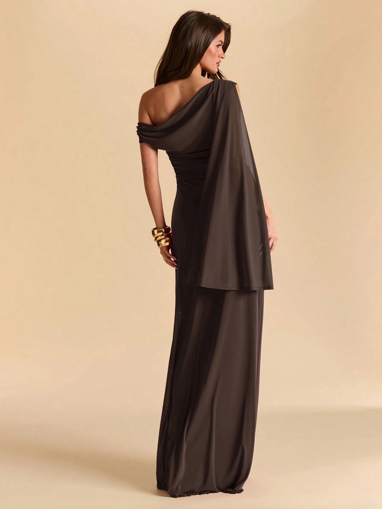 BAE Asymmetric Ruched Neck Bodycon Mermaid Dress In Dark Brown, Mesh For Vacation Beach Formal Dinner Date Dinner Date, Spring/Summer, Women Elegant