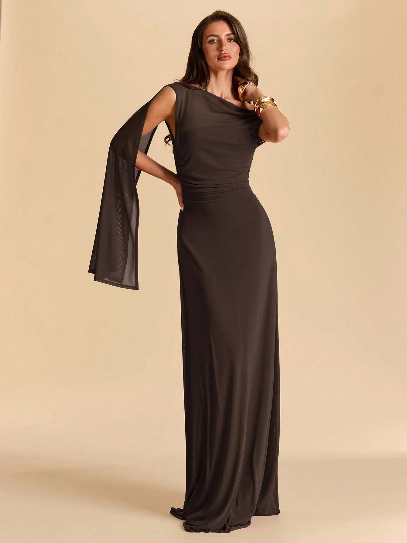 BAE Asymmetric Ruched Neck Bodycon Mermaid Dress In Dark Brown, Mesh For Vacation Beach Formal Dinner Date Dinner Date, Spring/Summer, Women Elegant