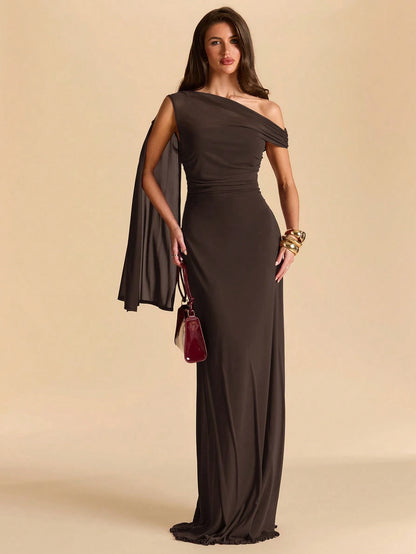 BAE Asymmetric Ruched Neck Bodycon Mermaid Dress In Dark Brown, Mesh For Vacation Beach Formal Dinner Date Dinner Date, Spring/Summer, Women Elegant