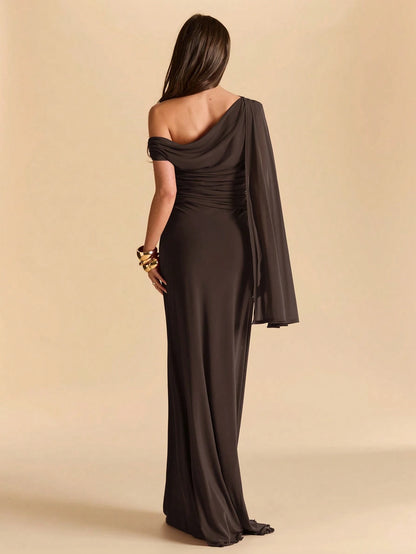 BAE Asymmetric Ruched Neck Bodycon Mermaid Dress In Dark Brown, Mesh For Vacation Beach Formal Dinner Date Dinner Date, Spring/Summer, Women Elegant