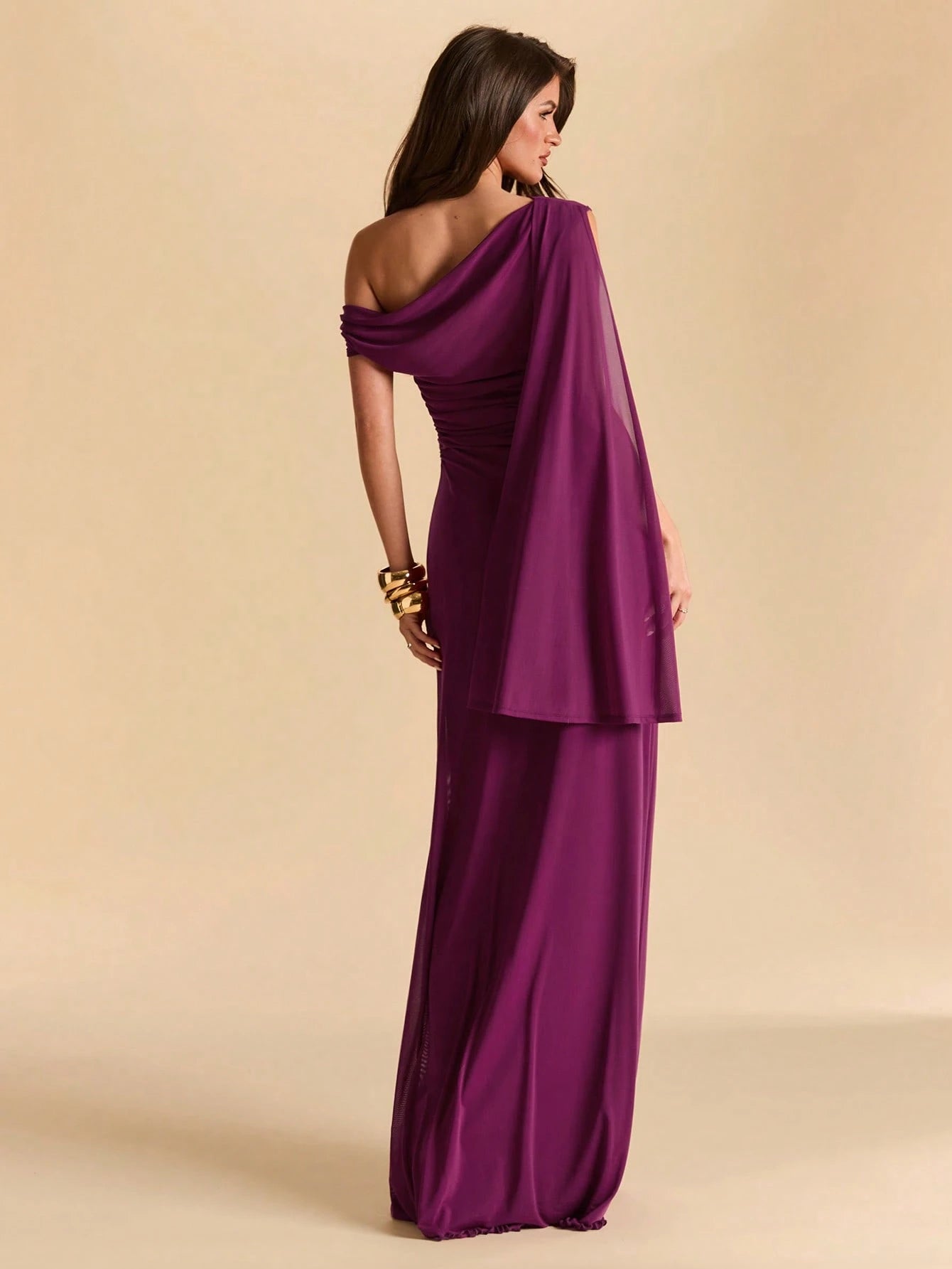 BAE Asymmetric Ruched Neck Bodycon Mermaid Dress In Dark Brown, Mesh For Vacation Beach Formal Dinner Date Dinner Date, Spring/Summer, Women Elegant