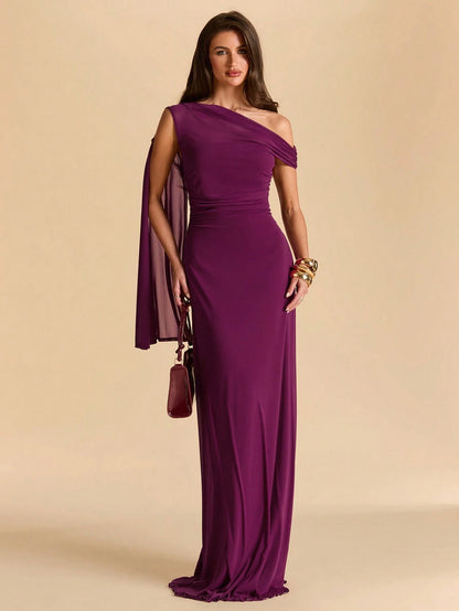 BAE Asymmetric Ruched Neck Bodycon Mermaid Dress In Dark Brown, Mesh For Vacation Beach Formal Dinner Date Dinner Date, Spring/Summer, Women Elegant