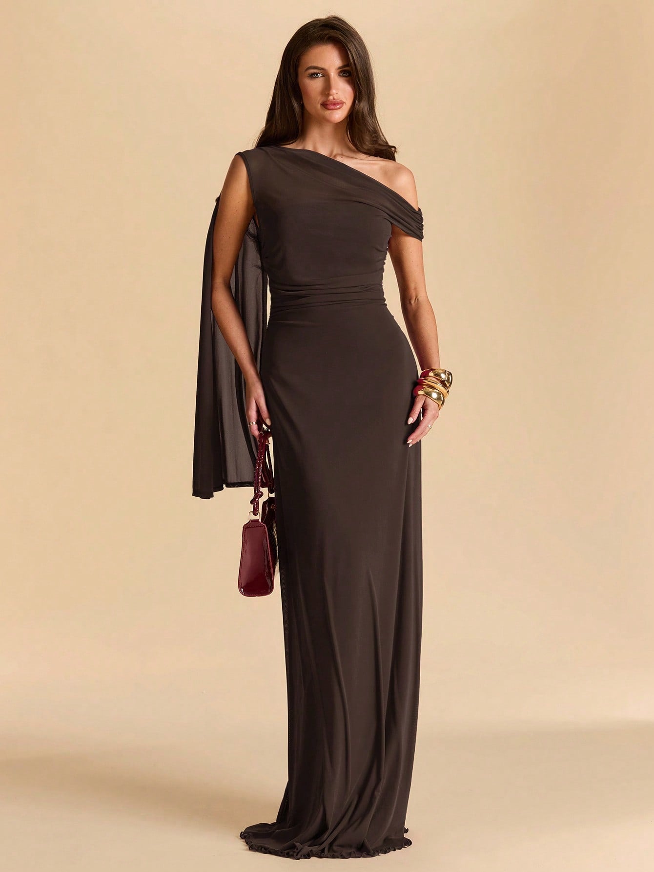 BAE Asymmetric Ruched Neck Bodycon Mermaid Dress In Dark Brown, Mesh For Vacation Beach Formal Dinner Date Dinner Date, Spring/Summer, Women Elegant