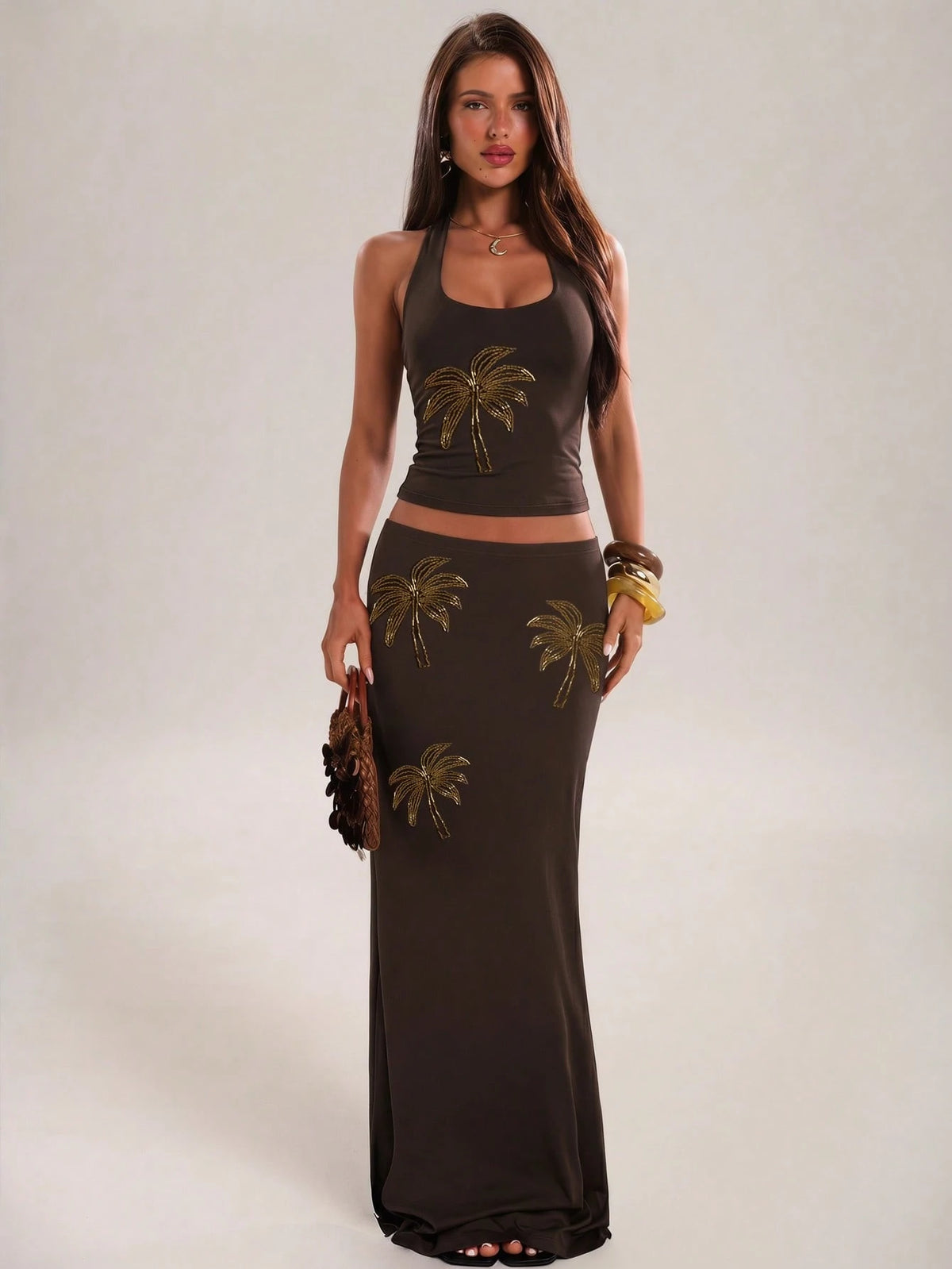 BAE Brown And Gold Embroidered Coconut Tree Halter Neck Tie Beaded Blouse,Summer,Casual,Holiday,Vacation,Music Festival,Beach Party,Daily Wear,Summer Top