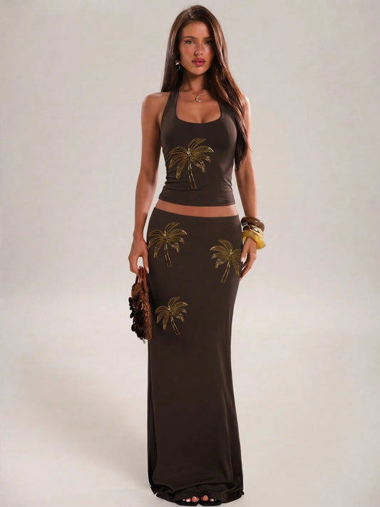 BAE Brown And Gold Embroidered Coconut Tree Halter Neck Tie Beaded Blouse,Summer,Casual,Holiday,Vacation,Music Festival,Beach Party,Daily Wear,Summer Top