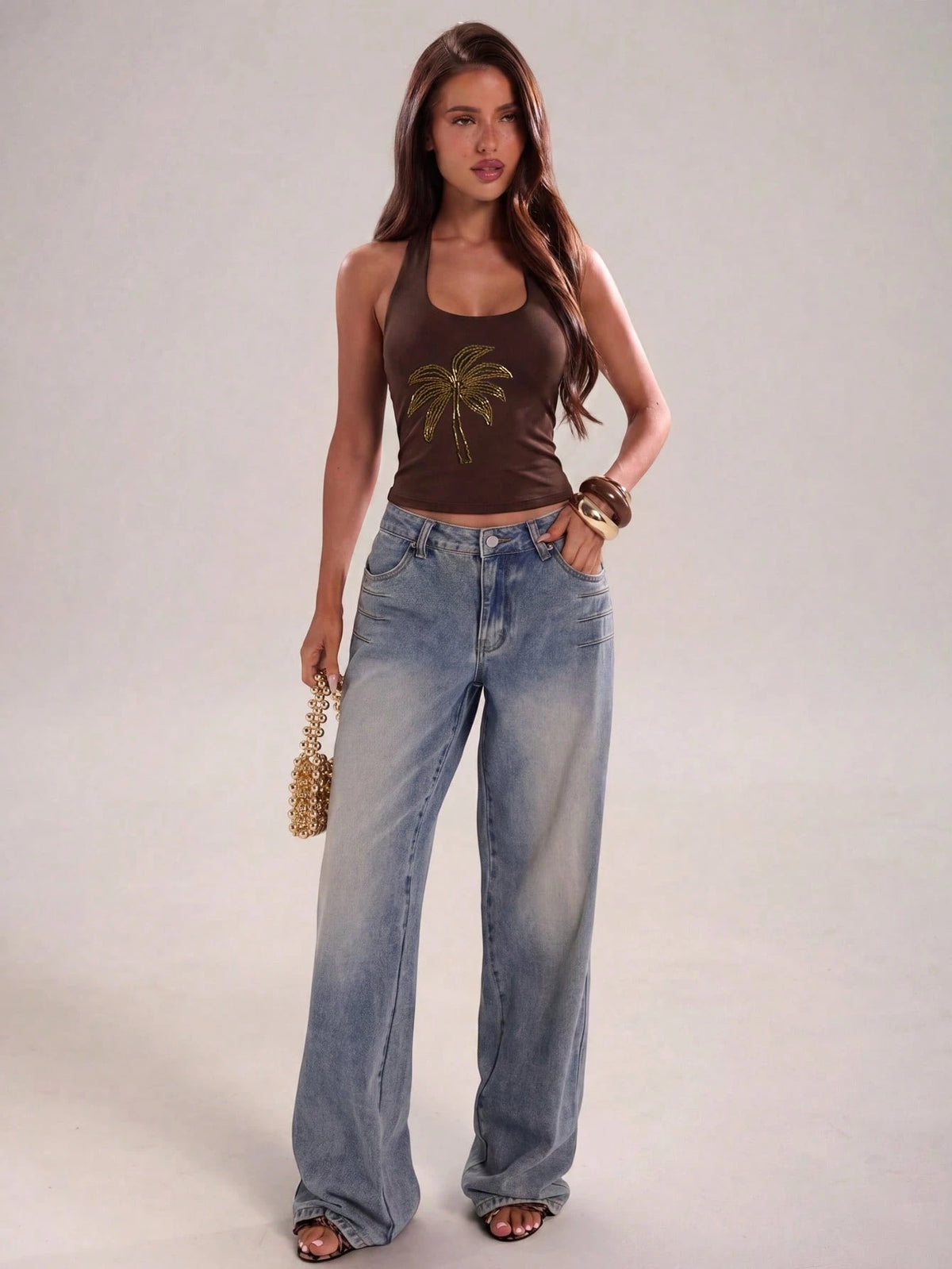 BAE Brown And Gold Embroidered Coconut Tree Halter Neck Tie Beaded Blouse,Summer,Casual,Holiday,Vacation,Music Festival,Beach Party,Daily Wear,Summer Top