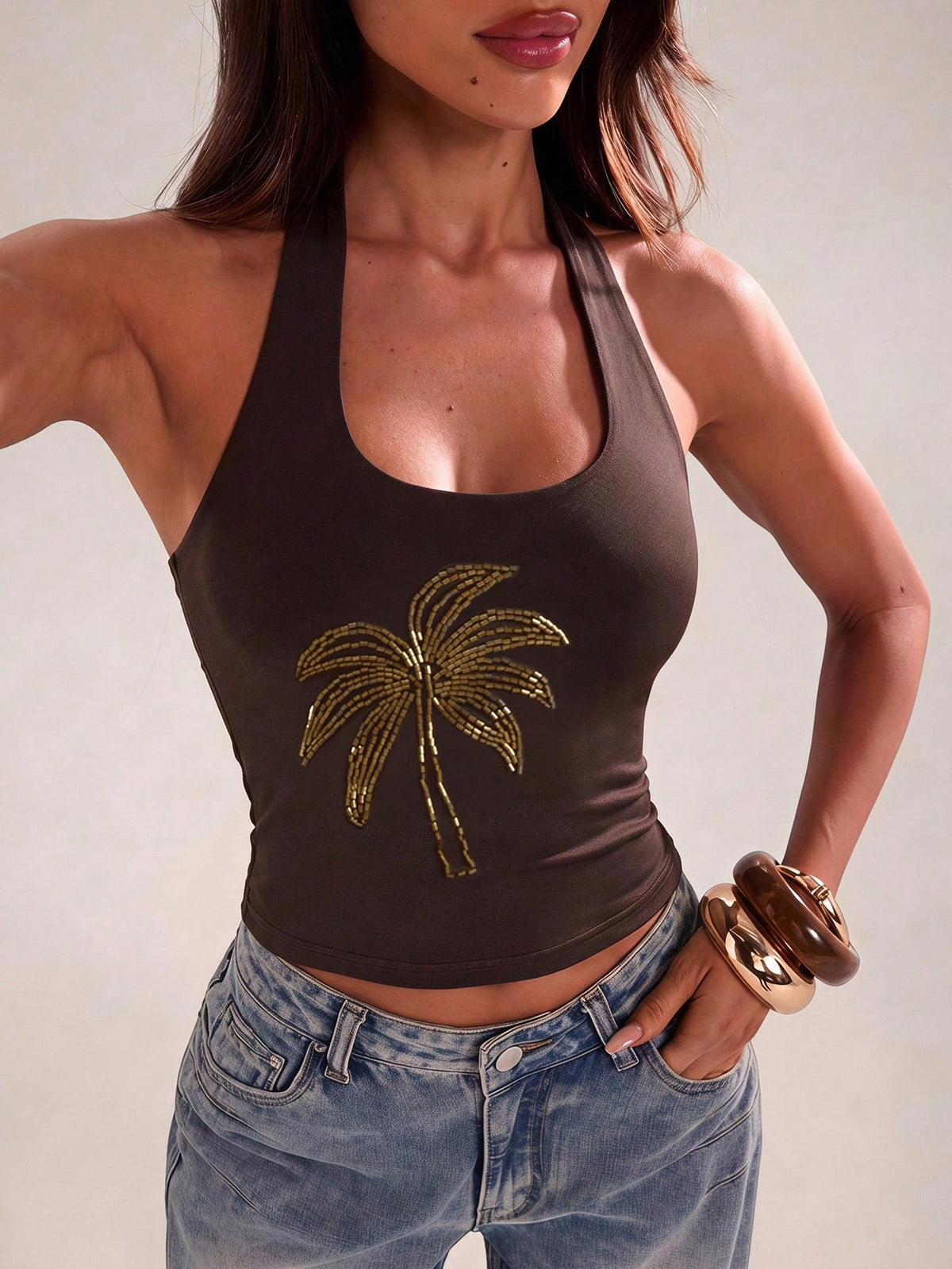 BAE Brown And Gold Embroidered Coconut Tree Halter Neck Tie Beaded Blouse,Summer,Casual,Holiday,Vacation,Music Festival,Beach Party,Daily Wear,Summer Top