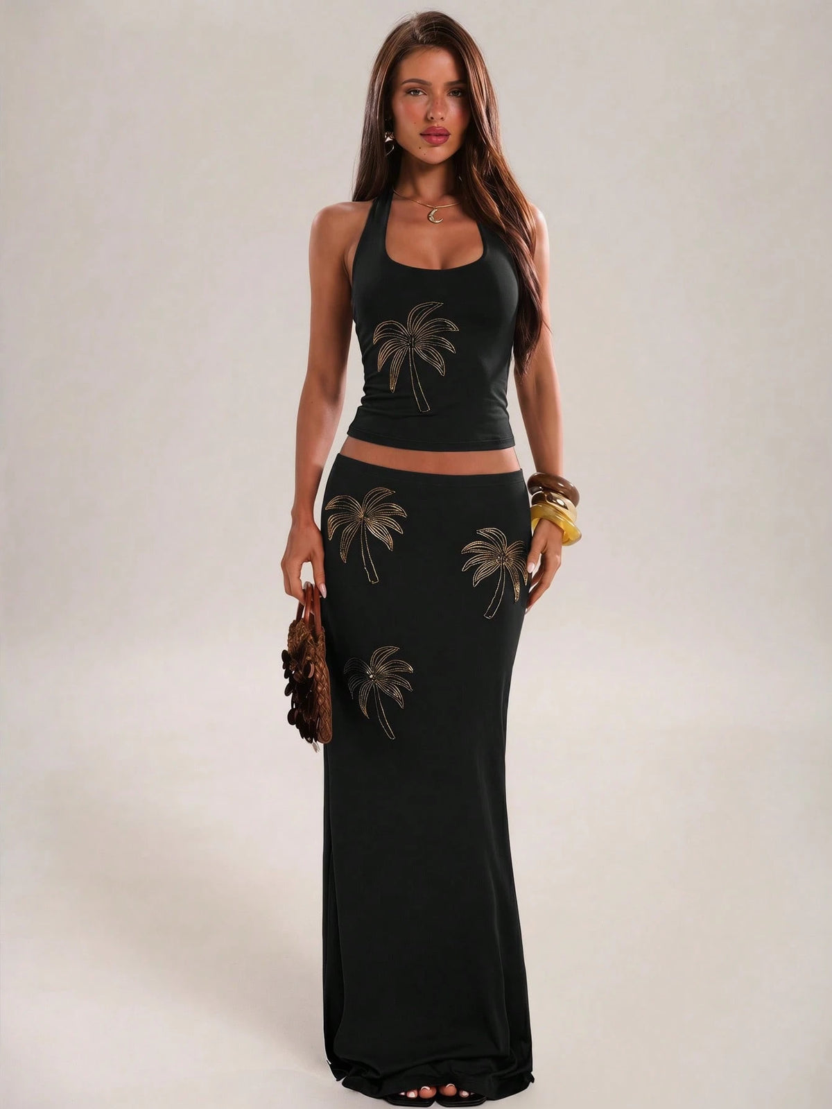 BAE Brown And Gold Embroidered Coconut Tree Halter Neck Tie Beaded Blouse,Summer,Casual,Holiday,Vacation,Music Festival,Beach Party,Daily Wear,Summer Top